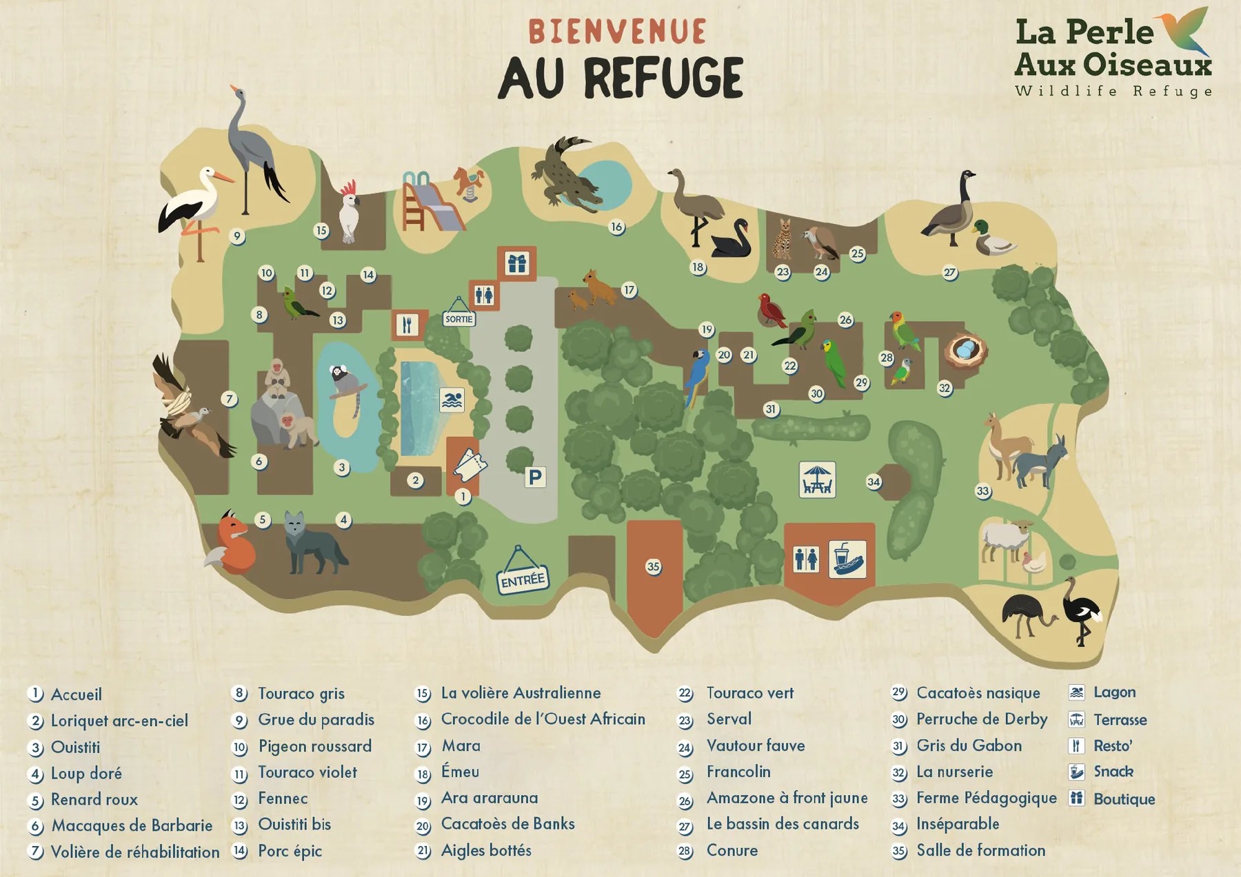 Plan illustré du refuge : enclos numérotés de 1 à 35, lagon, terrasse, snack, boutique, aire de jeux et parking